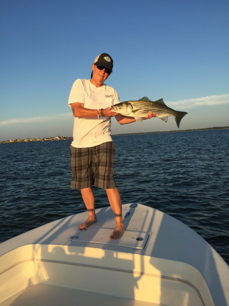 Captain Avery Revere holding a striper in front of Sandy Neck Lighthouse