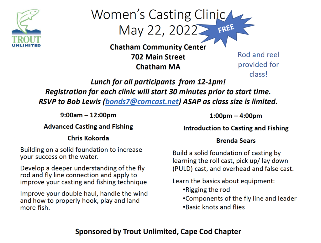 Poster for May 22 Women's Fly Casting Clinic