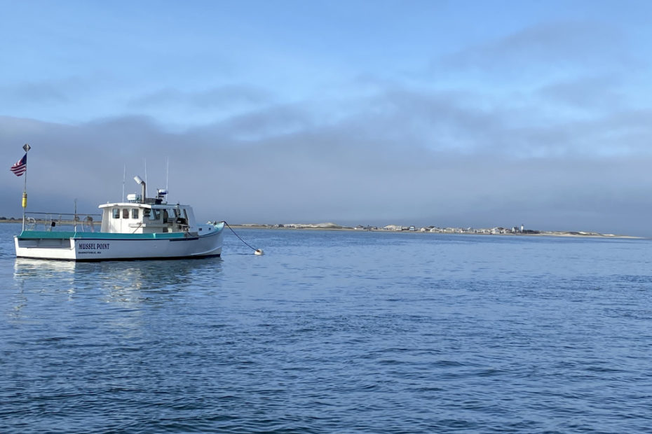 Lobster boat in front of Sandy Neck Lighthouse on Barnstable harbor