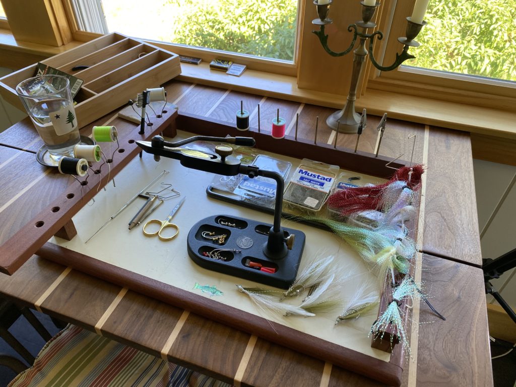 Saltwater fly tying table and tying vise.