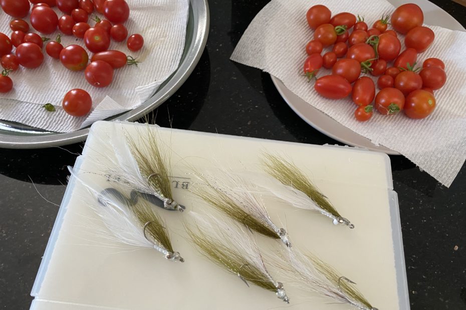 Fishing flies on a box next to summer tomato harvest
