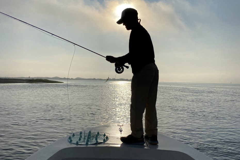 July Fishing Report: Silouetted man with fishing rod and halo of sun behind him