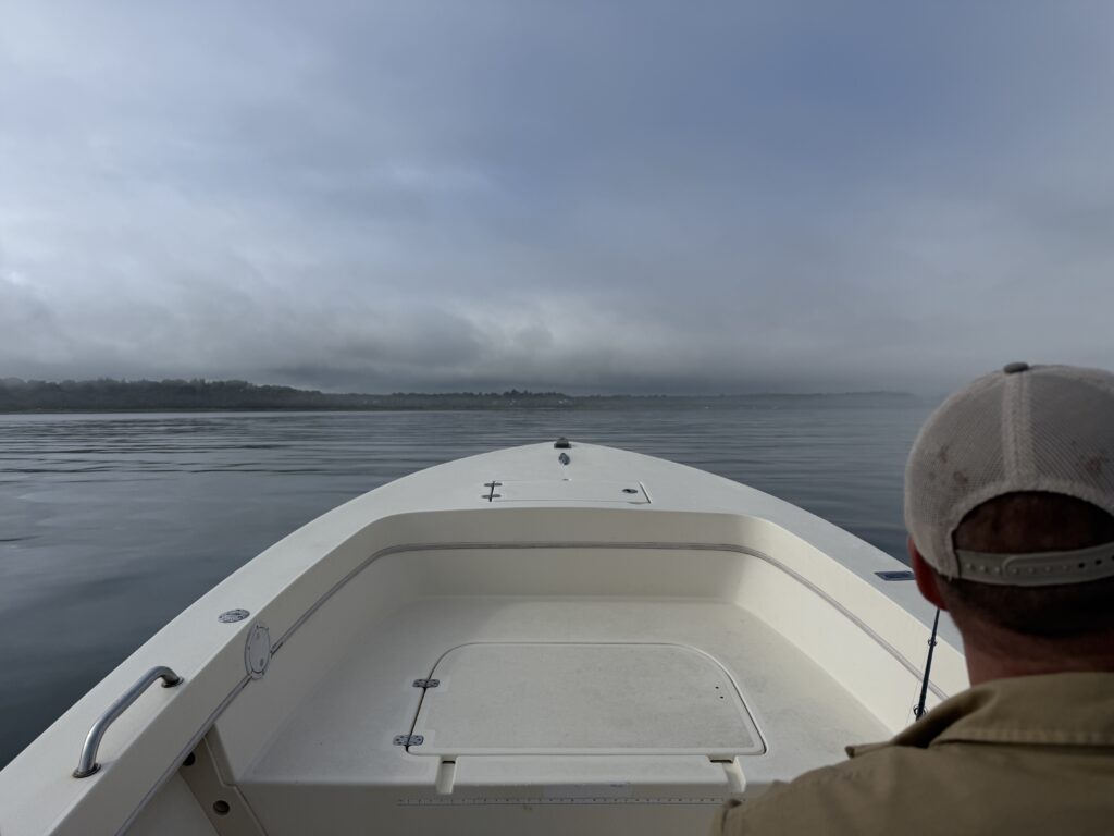 View from helm of motorboat